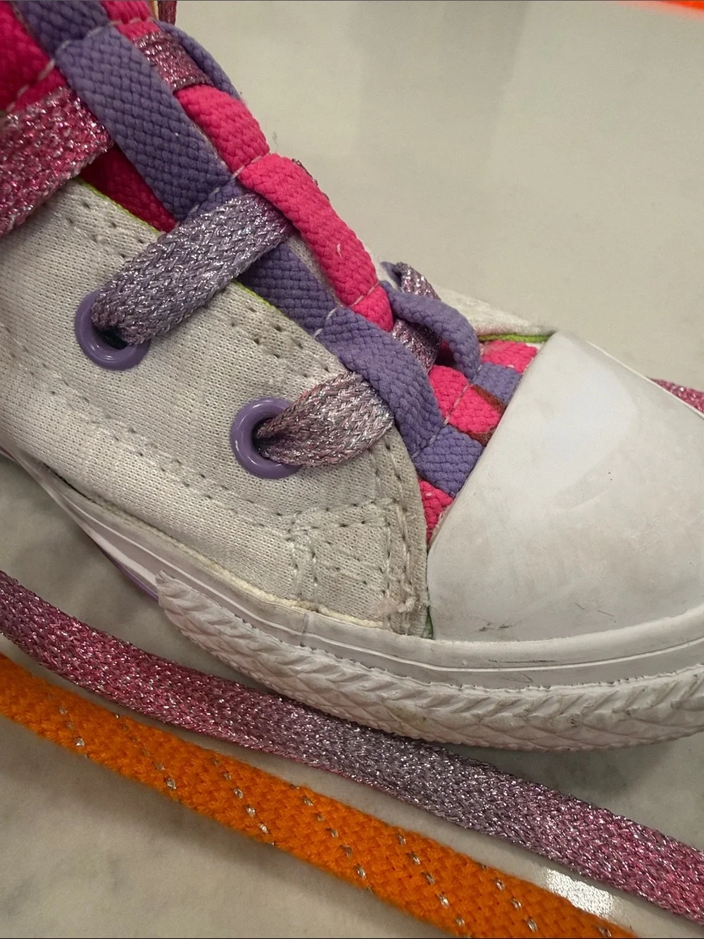 Kids White Converse Sneakers with Pink & Purple Accents